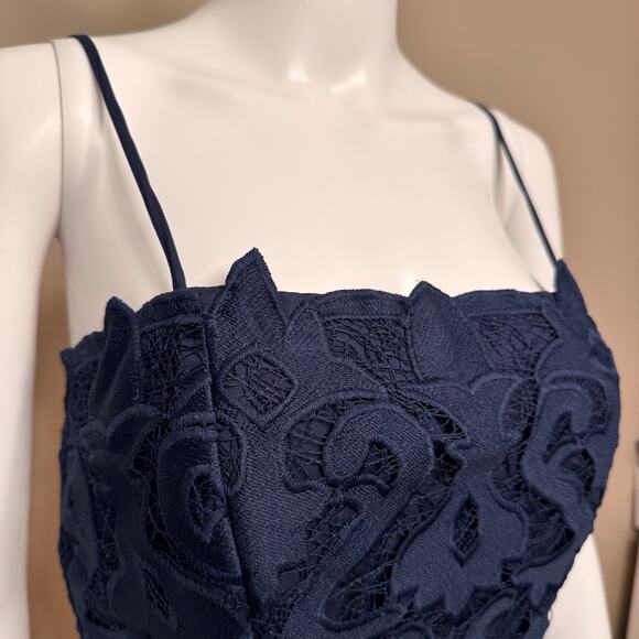 Bardot Navy Blue Lace Midi Dress Women's US 6 Scalloped Hem Cocktail Bodycon - Picture 4 of 14